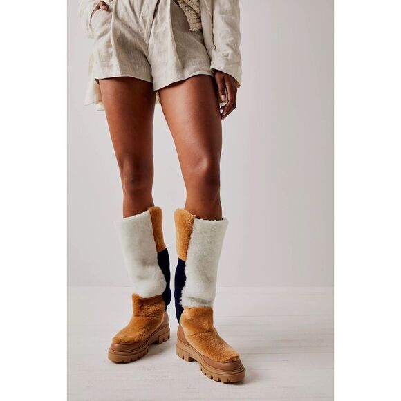 Free People Happy Thoughts Fur Shearling Paneled Colorblock Boots Camel Combo - Picture 2 of 3